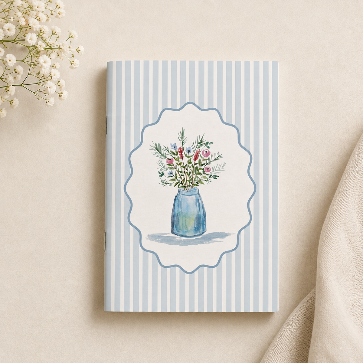 Carnet ligné A5, Blue Floral Notebook Stationery, Cahier fleuri fait main, couverture illustrée aquarelle
