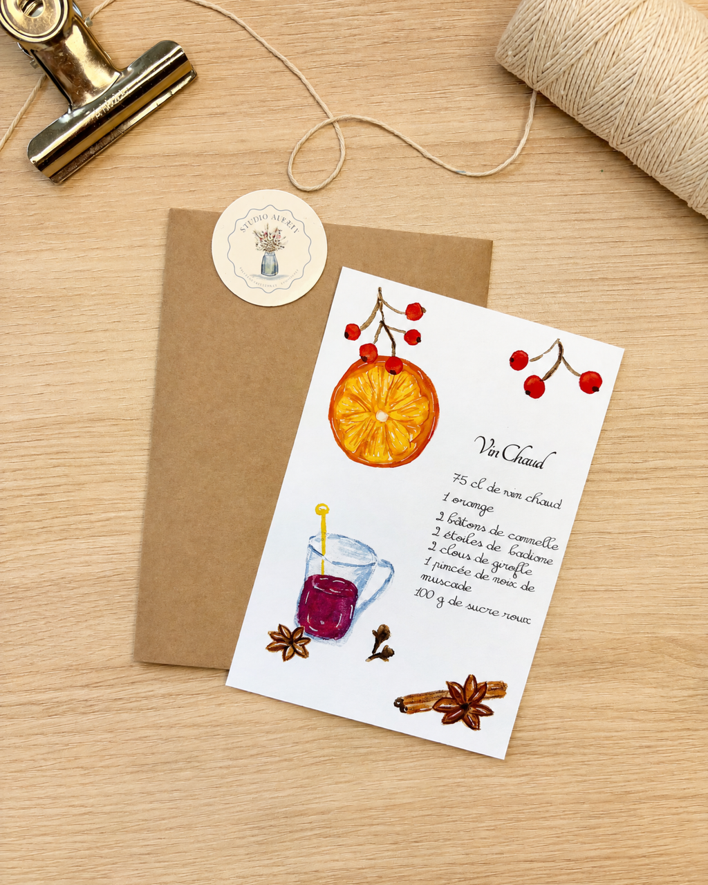Carte Postale Recette Vin Chaud de Noël à l'Aquarelle avec Enveloppe Kraft | Mulled Wine Recipe Christmas Card | Papeterie Artisanale