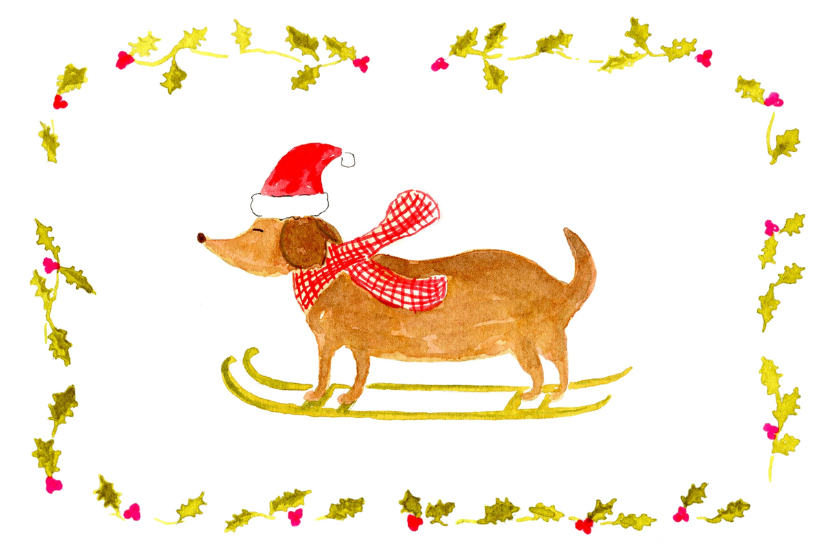 Carte de Noël Chien Teckel à l'Aquarelle avec Enveloppe Kraft | Dachshund Christmas Card | Cute Holiday Postcard | Papeterie Artisanale
