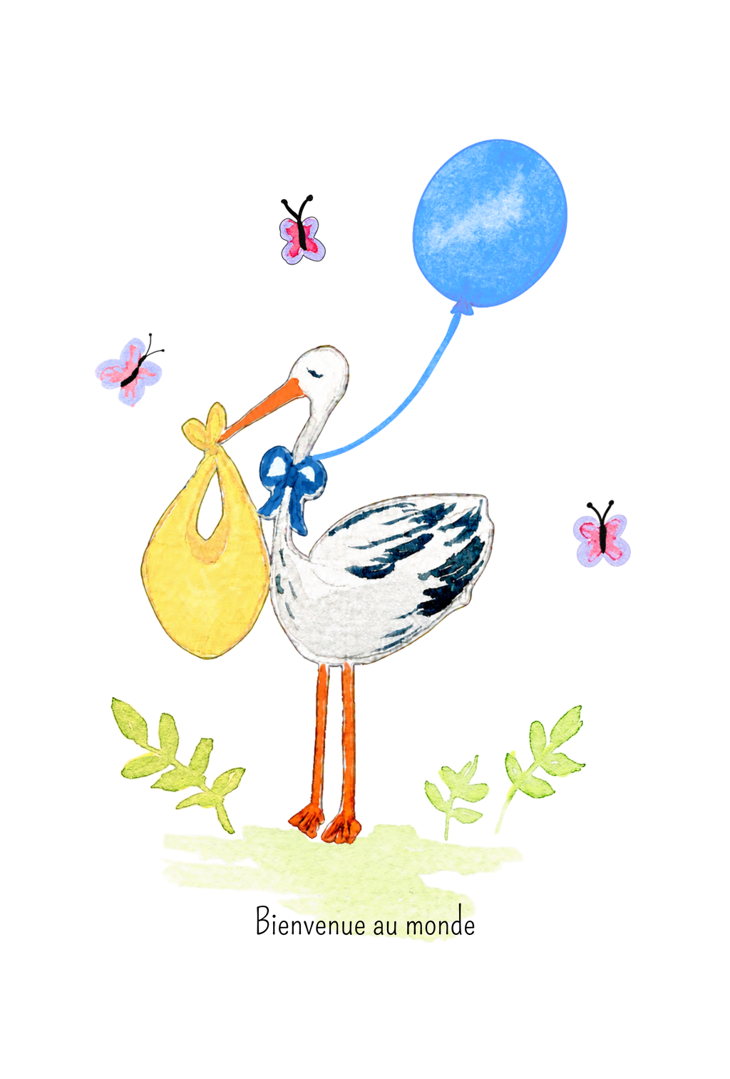 Carte de Naissance Garçon Cigogne à l'Aquarelle avec Enveloppe Kraft | Welcome Baby Stork Watercolor Card | Carte Félicitations Naissance