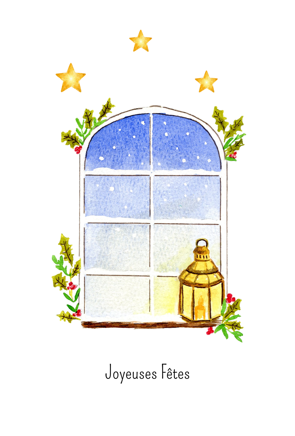 Carte de Noël Aquarelle Fenêtre Enneigée et Lanterne avec Enveloppe Kraft | Watercolor Christmas Window Card | Papeterie Artisanale