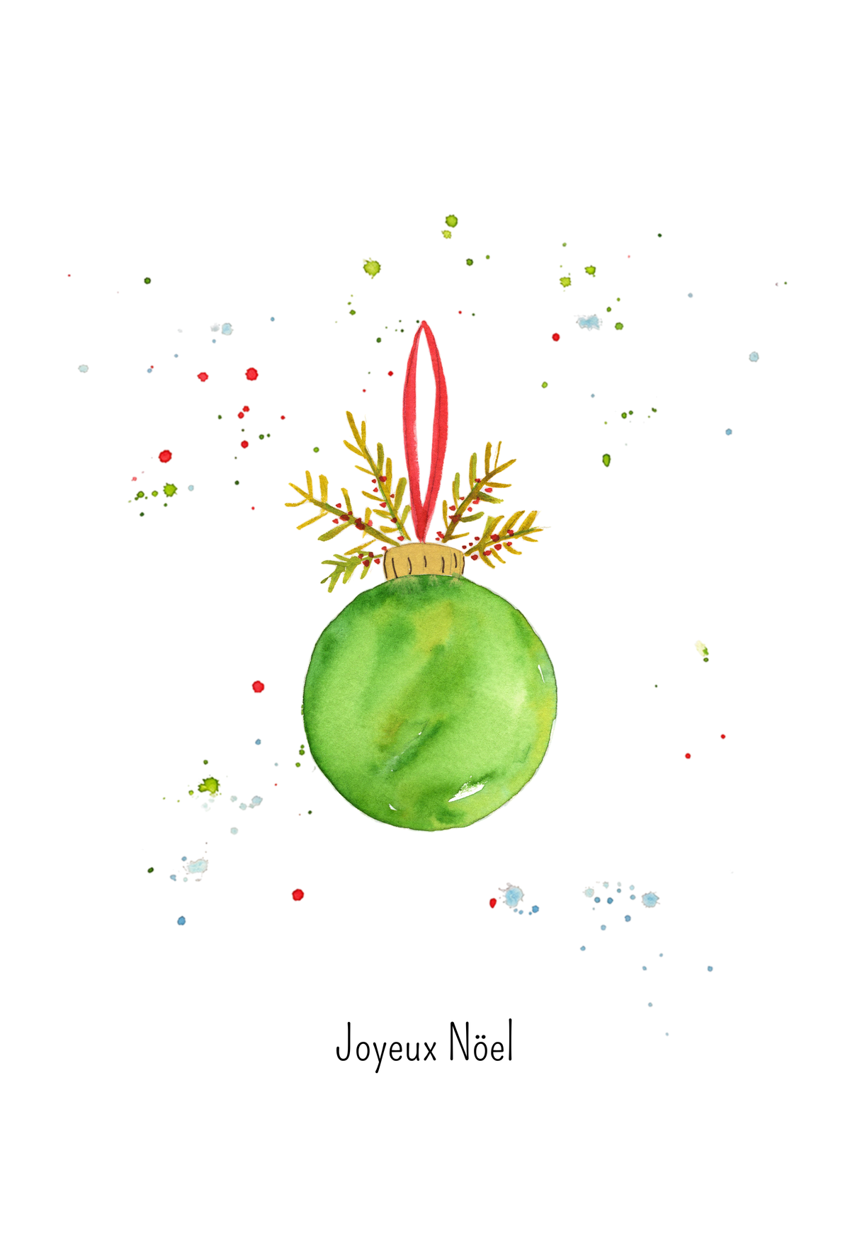 Carte de Noël Boule de Noël Verte à l'Aquarelle avec Enveloppe Kraft | Green Christmas Ornament Watercolor Card | Papeterie Artisanale