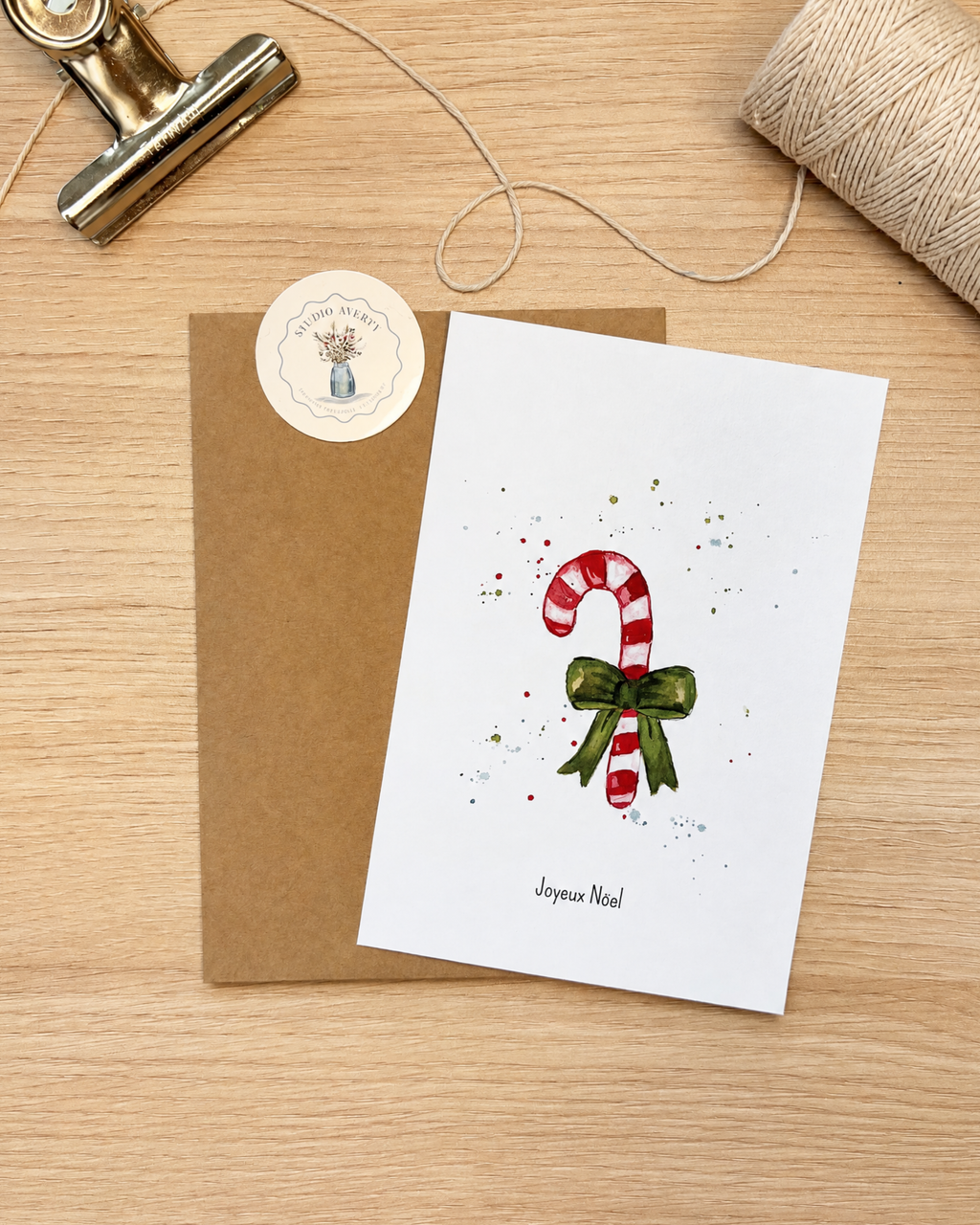 Carte de Noël Sucre d'Orge à l'Aquarelle avec Enveloppe Kraft | Candy Cane Christmas Watercolor Postcard | Papeterie Artisanale