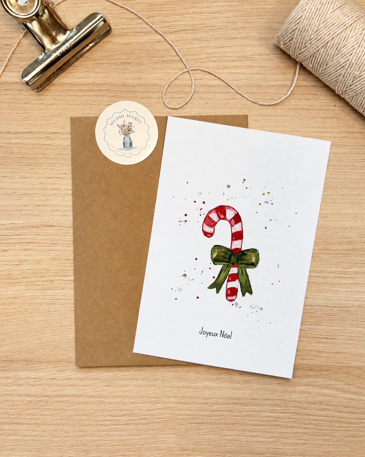 Carte de Noël Sucre d'Orge à l'Aquarelle avec Enveloppe Kraft | Candy Cane Christmas Watercolor Postcard | Papeterie Artisanale