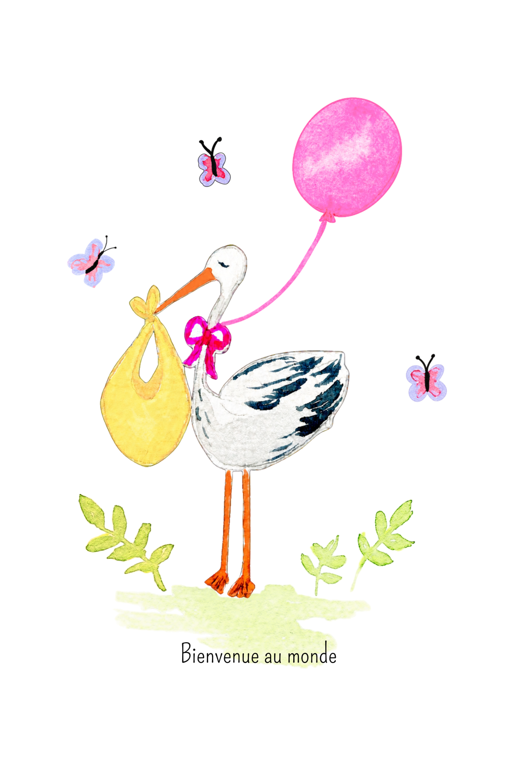 Carte de Naissance Fille Cigogne à l'Aquarelle avec Enveloppe Kraft | Welcome Baby Stork Watercolor Card | Carte Félicitations Naissance