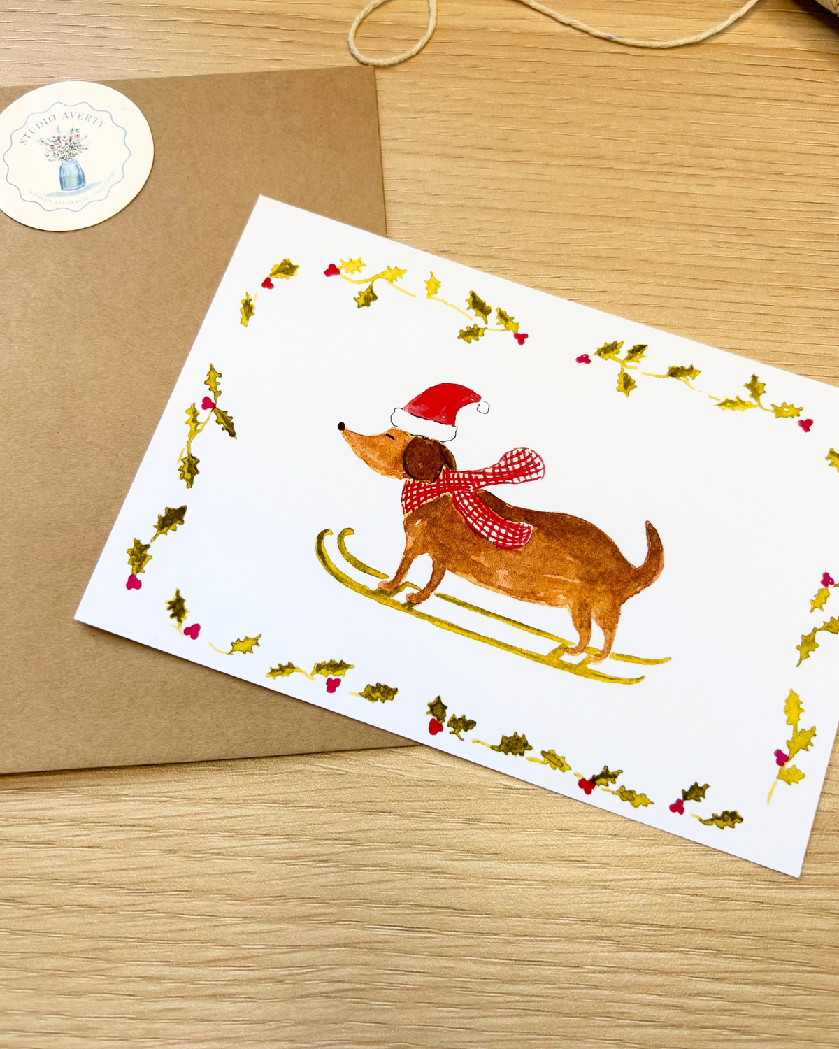 Carte de Noël Chien Teckel à l'Aquarelle avec Enveloppe Kraft | Dachshund Christmas Card | Cute Holiday Postcard | Papeterie Artisanale