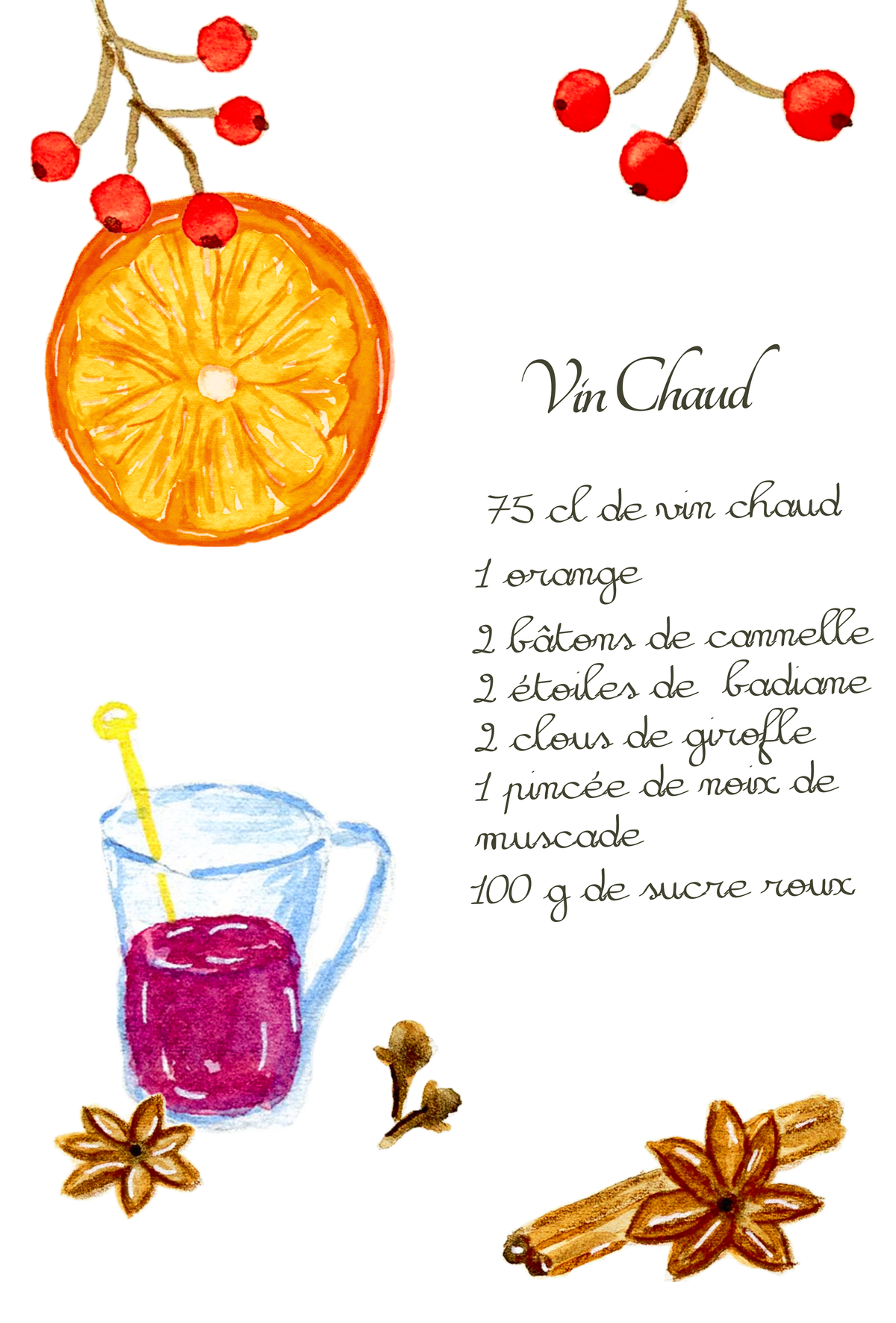 Carte Postale Recette Vin Chaud de Noël à l'Aquarelle avec Enveloppe Kraft | Mulled Wine Recipe Christmas Card | Papeterie Artisanale