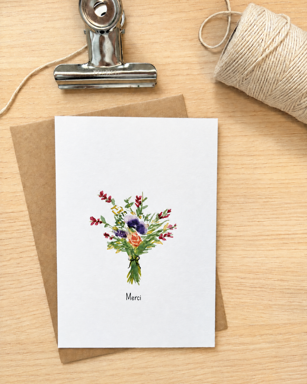 Carte Merci Bouquet de Fleurs à l’Aquarelle avec Enveloppe Kraft | Thank You Floral Watercolor Card | Papeterie Artisanale