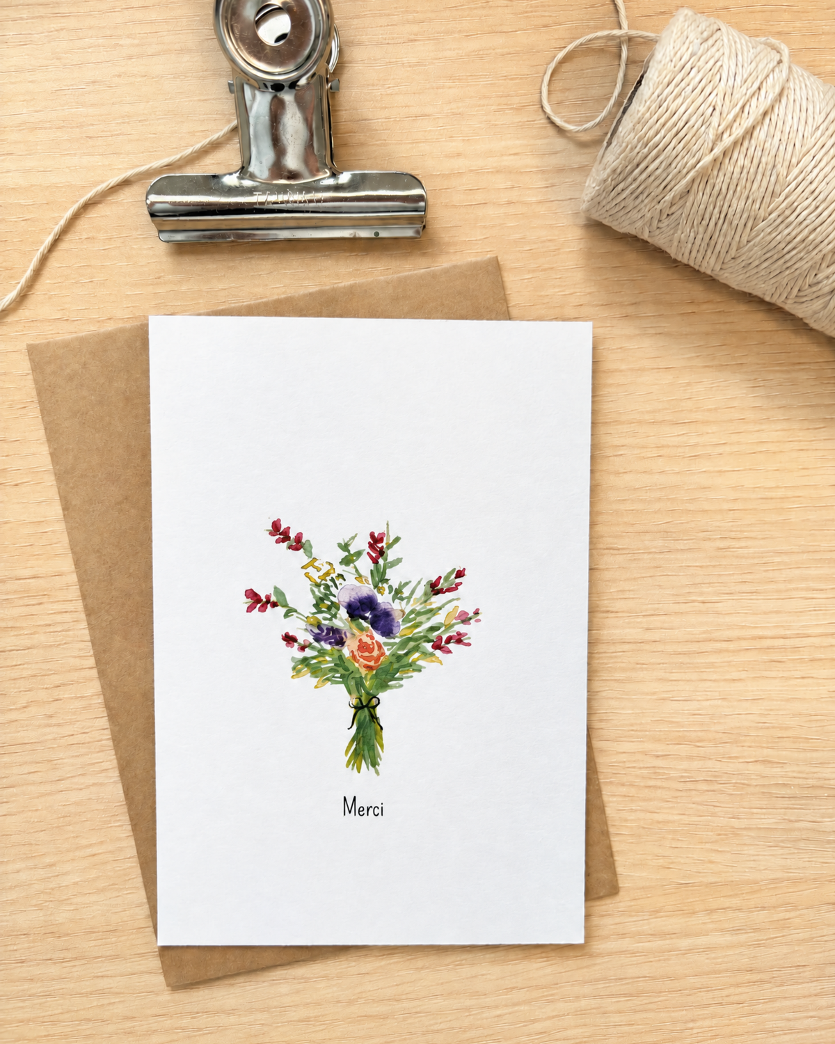 Carte Merci Bouquet de Fleurs à l’Aquarelle avec Enveloppe Kraft | Thank You Floral Watercolor Card | Papeterie Artisanale