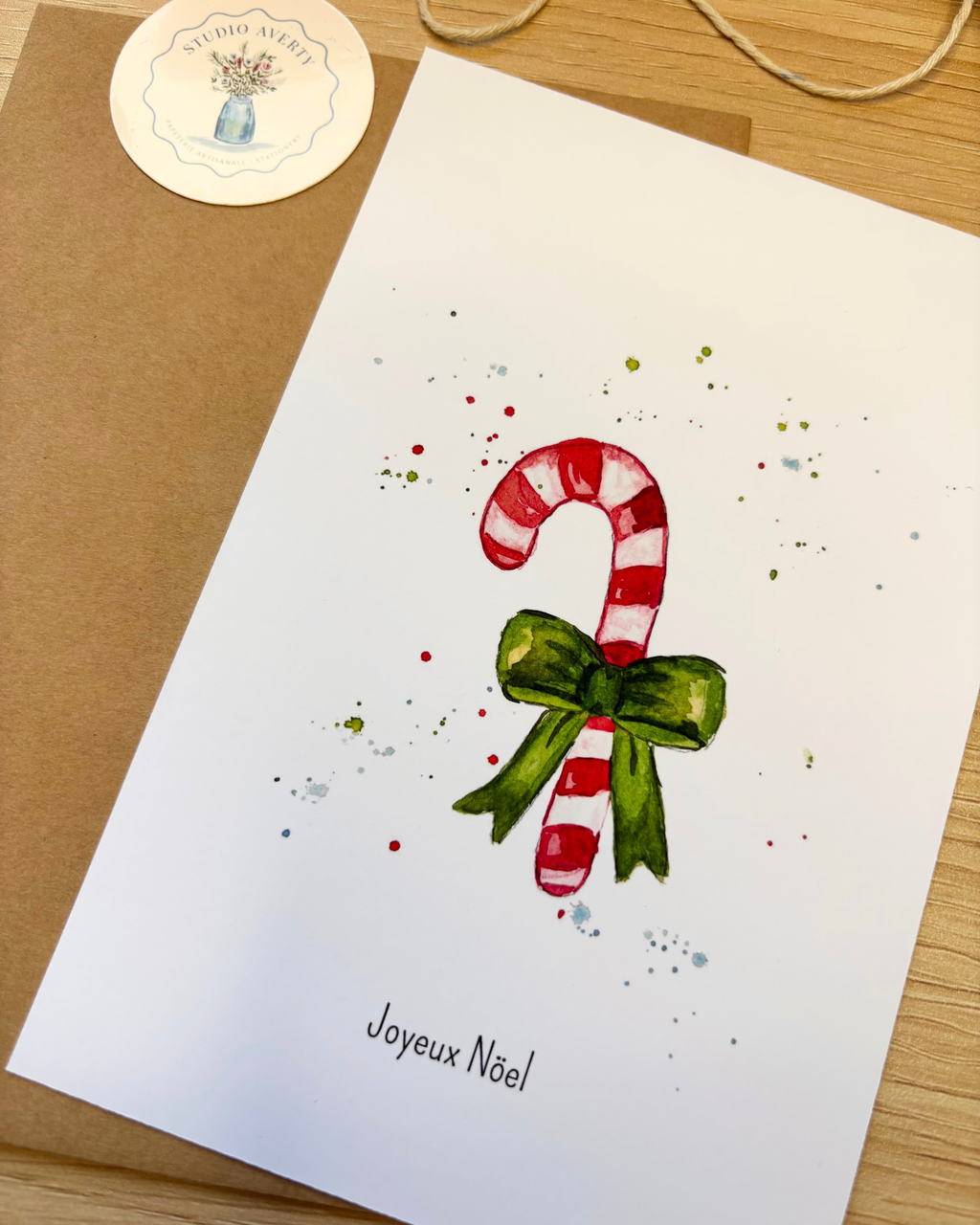 Carte de Noël Sucre d'Orge à l'Aquarelle avec Enveloppe Kraft | Candy Cane Christmas Watercolor Postcard | Papeterie Artisanale