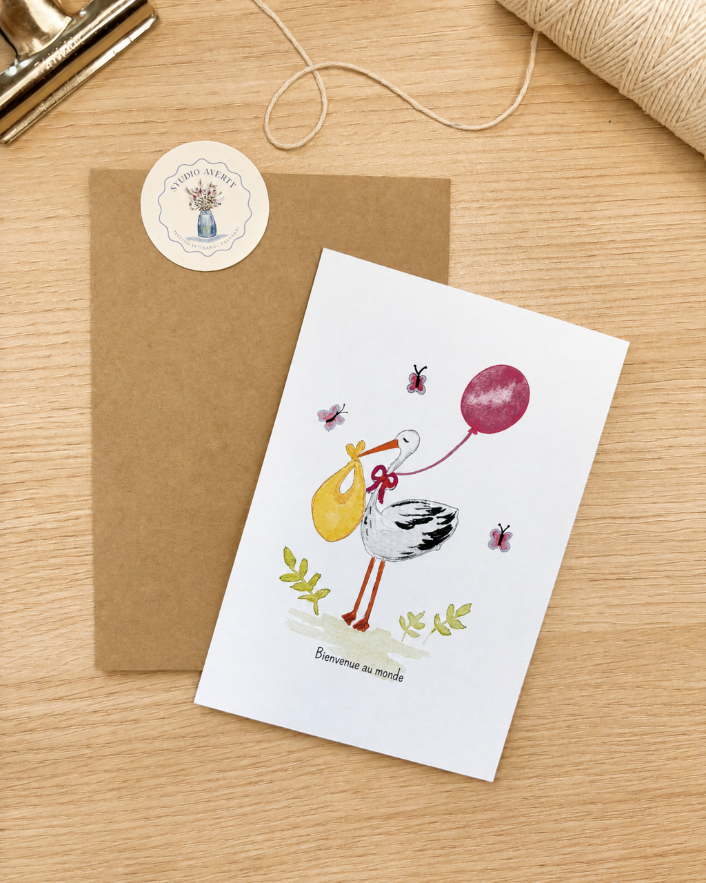 Carte de Naissance Fille Cigogne à l'Aquarelle avec Enveloppe Kraft | Welcome Baby Stork Watercolor Card | Carte Félicitations Naissance