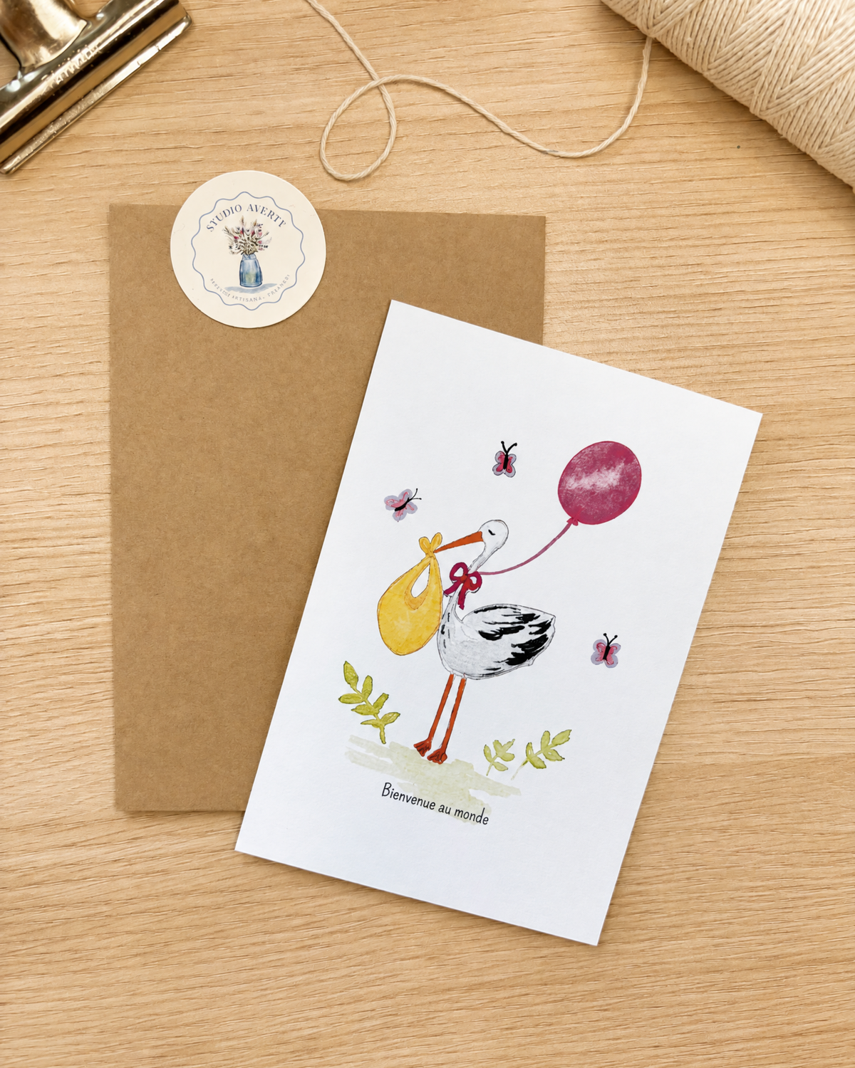 Carte de Naissance Fille Cigogne à l'Aquarelle avec Enveloppe Kraft | Welcome Baby Stork Watercolor Card | Carte Félicitations Naissance
