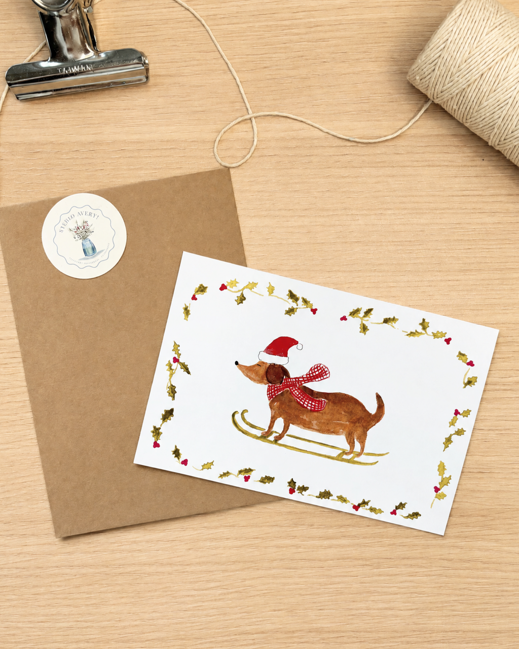 Carte de Noël Chien Teckel à l'Aquarelle avec Enveloppe Kraft | Dachshund Christmas Card | Cute Holiday Postcard | Papeterie Artisanale