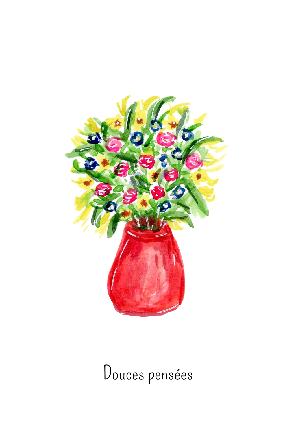 Carte Douces Pensées Bouquet de Fleurs à l'Aquarelle avec Enveloppe Kraft | Thinking of You Floral Watercolor Card | Papeterie Artisanale