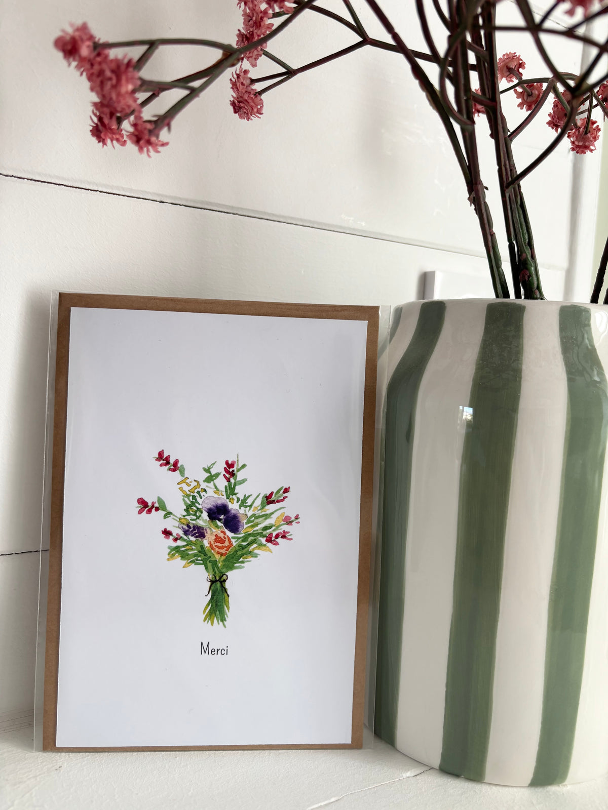 Carte Merci Bouquet de Fleurs à l’Aquarelle avec Enveloppe Kraft | Thank You Floral Watercolor Card | Papeterie Artisanale