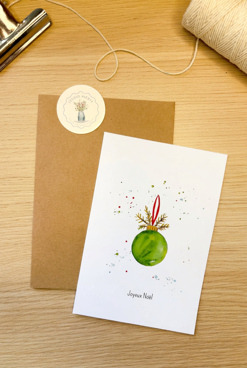 Carte de Noël Boule de Noël Verte à l'Aquarelle avec Enveloppe Kraft | Green Christmas Ornament Watercolor Card | Papeterie Artisanale