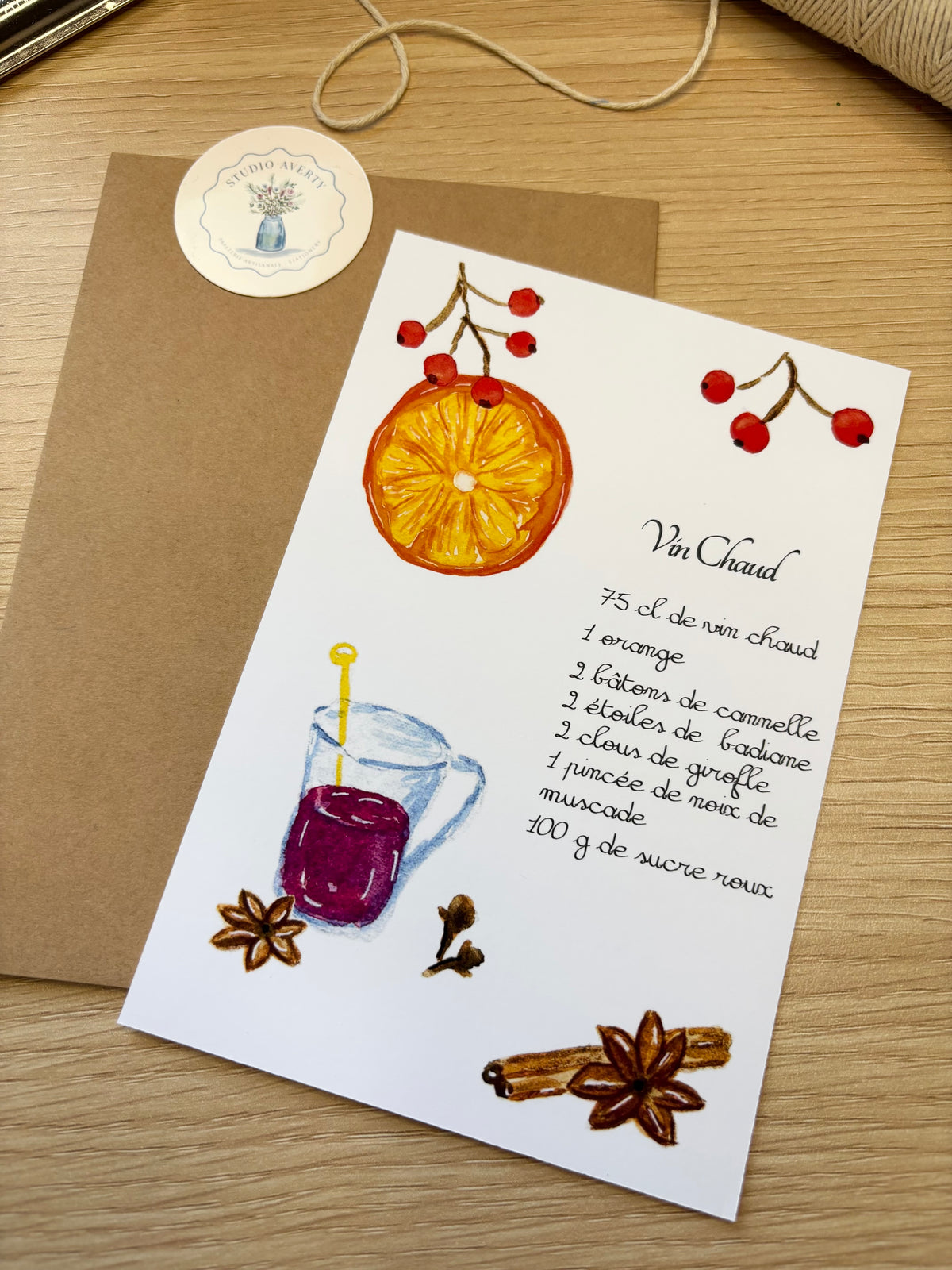 Carte Postale Recette Vin Chaud de Noël à l'Aquarelle avec Enveloppe Kraft | Mulled Wine Recipe Christmas Card | Papeterie Artisanale