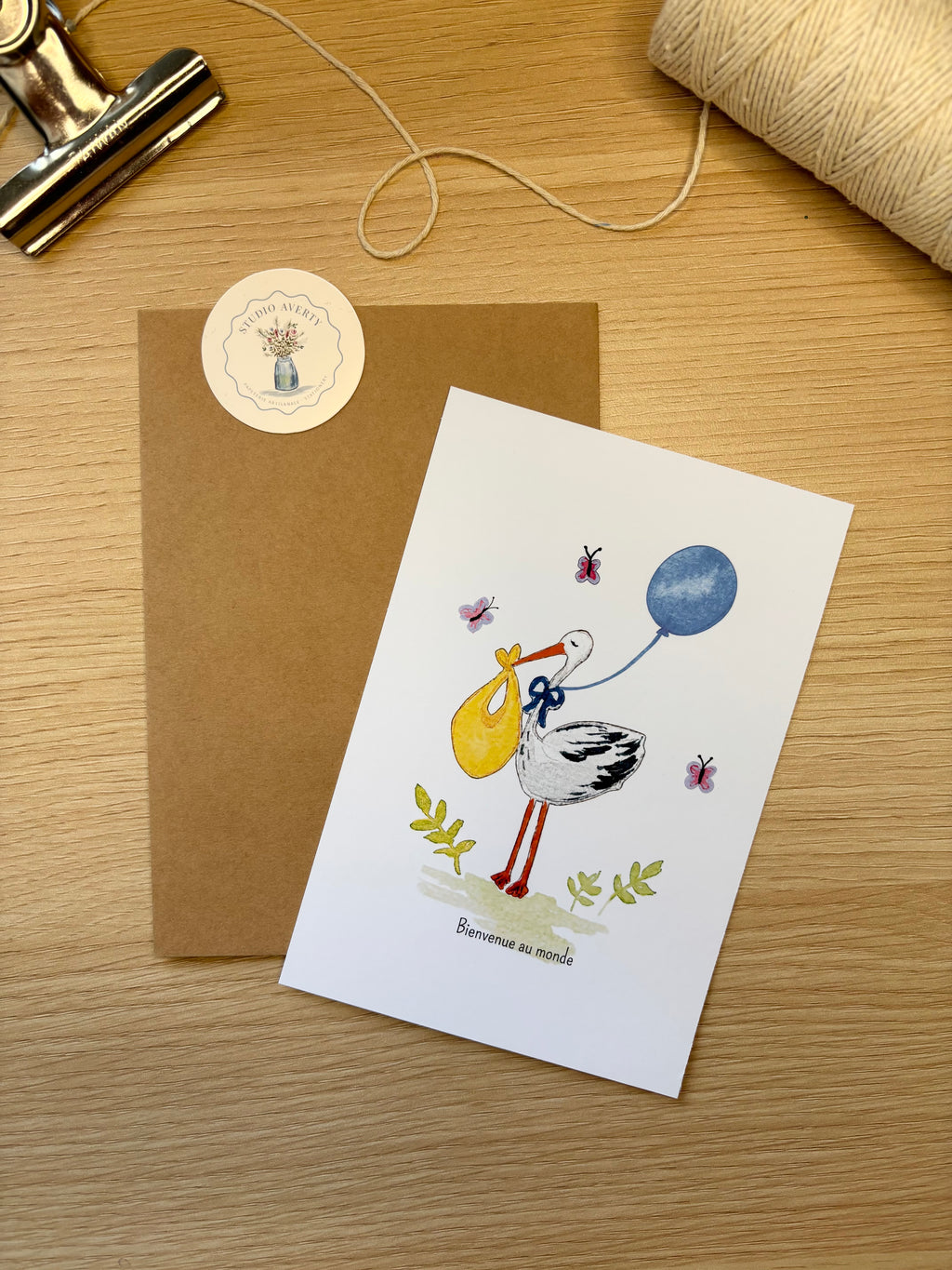 Carte de Naissance Garçon Cigogne à l'Aquarelle avec Enveloppe Kraft | Welcome Baby Stork Watercolor Card | Carte Félicitations Naissance