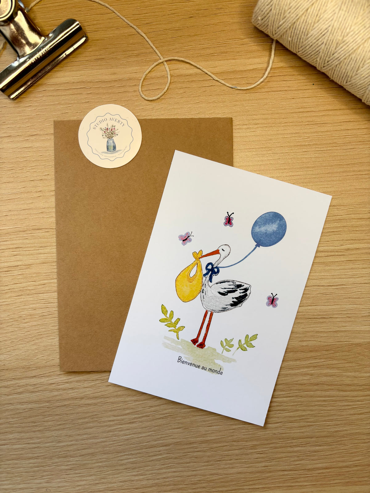 Carte de Naissance Garçon Cigogne à l'Aquarelle avec Enveloppe Kraft | Welcome Baby Stork Watercolor Card | Carte Félicitations Naissance