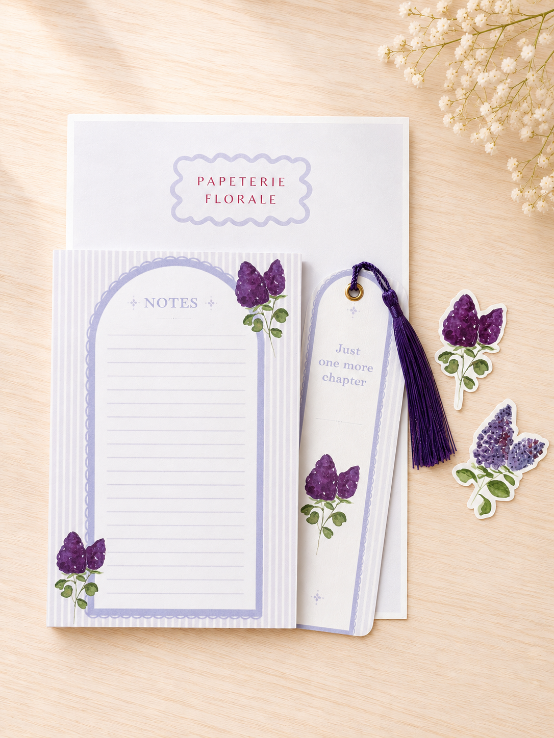 Set de papeterie lilas fait main | Floral Lilacs Stationery Set | Bloc-notes & marque-page stickers