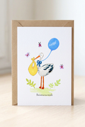 Carte de Naissance Garçon Cigogne à l'Aquarelle avec Enveloppe Kraft | Welcome Baby Stork Watercolor Card | Carte Félicitations Naissance