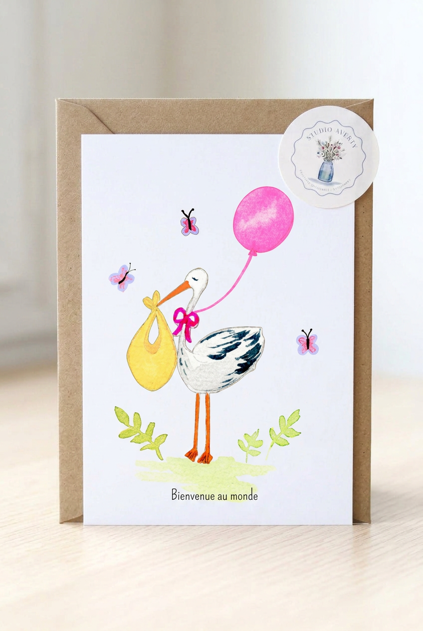 Carte de Naissance Fille Cigogne à l'Aquarelle avec Enveloppe Kraft | Welcome Baby Stork Watercolor Card | Carte Félicitations Naissance