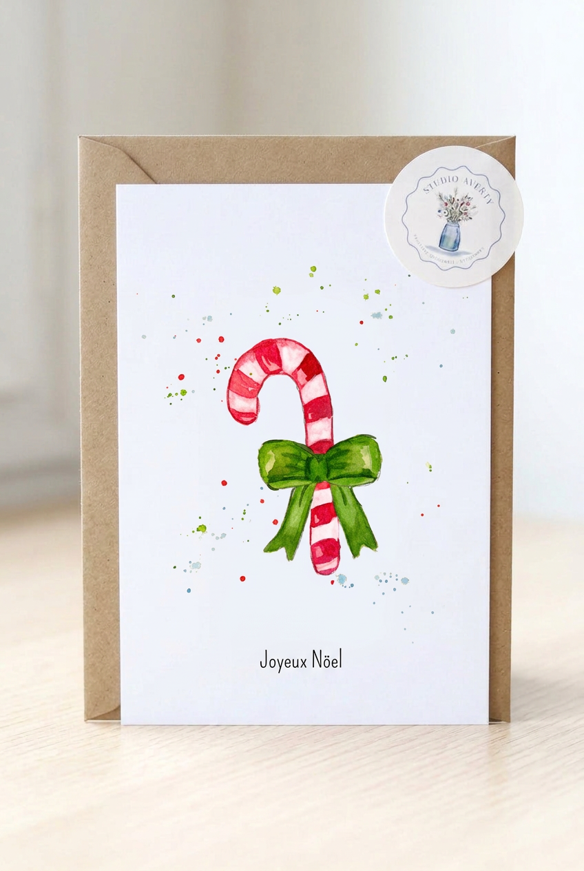 Carte de Noël Sucre d'Orge à l'Aquarelle avec Enveloppe Kraft | Candy Cane Christmas Watercolor Postcard | Papeterie Artisanale