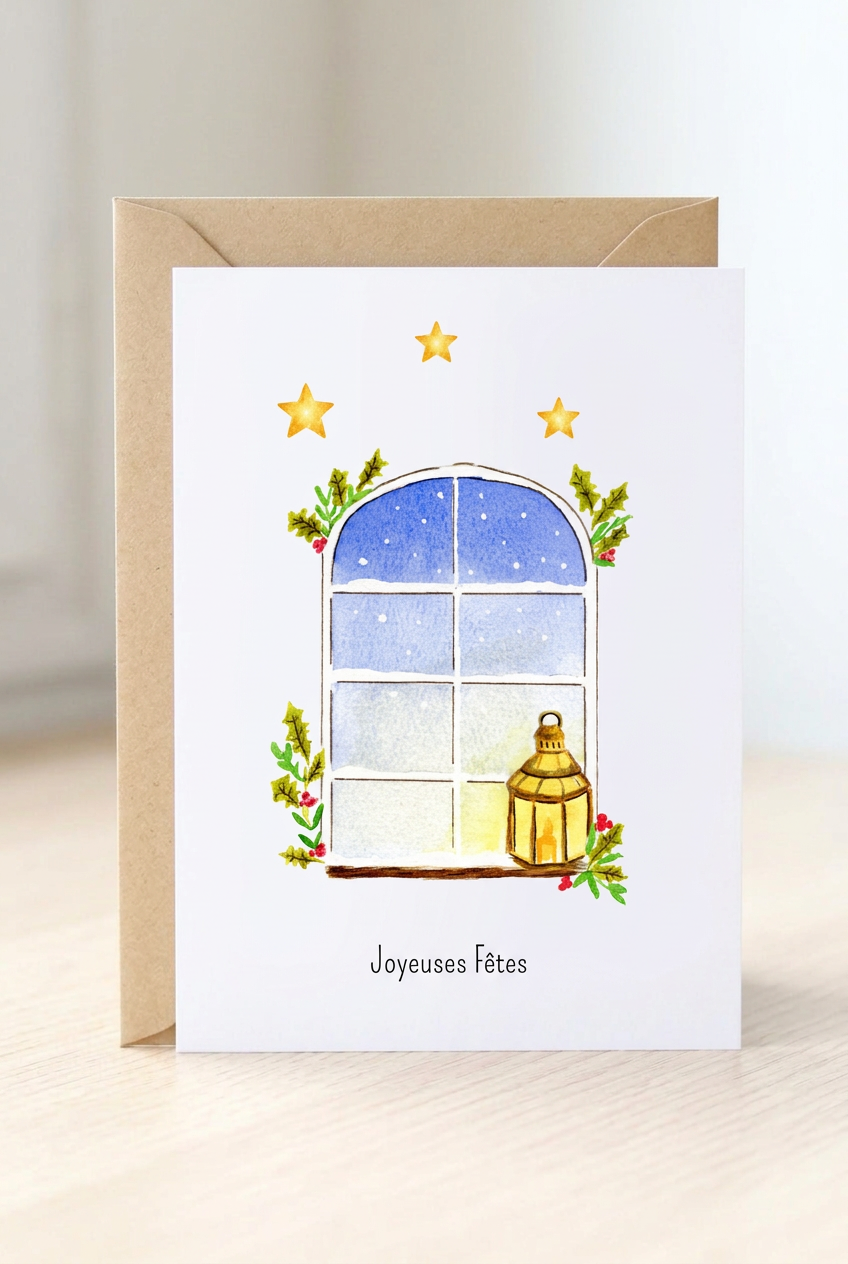 Carte de Noël Aquarelle Fenêtre Enneigée et Lanterne avec Enveloppe Kraft | Watercolor Christmas Window Card | Papeterie Artisanale