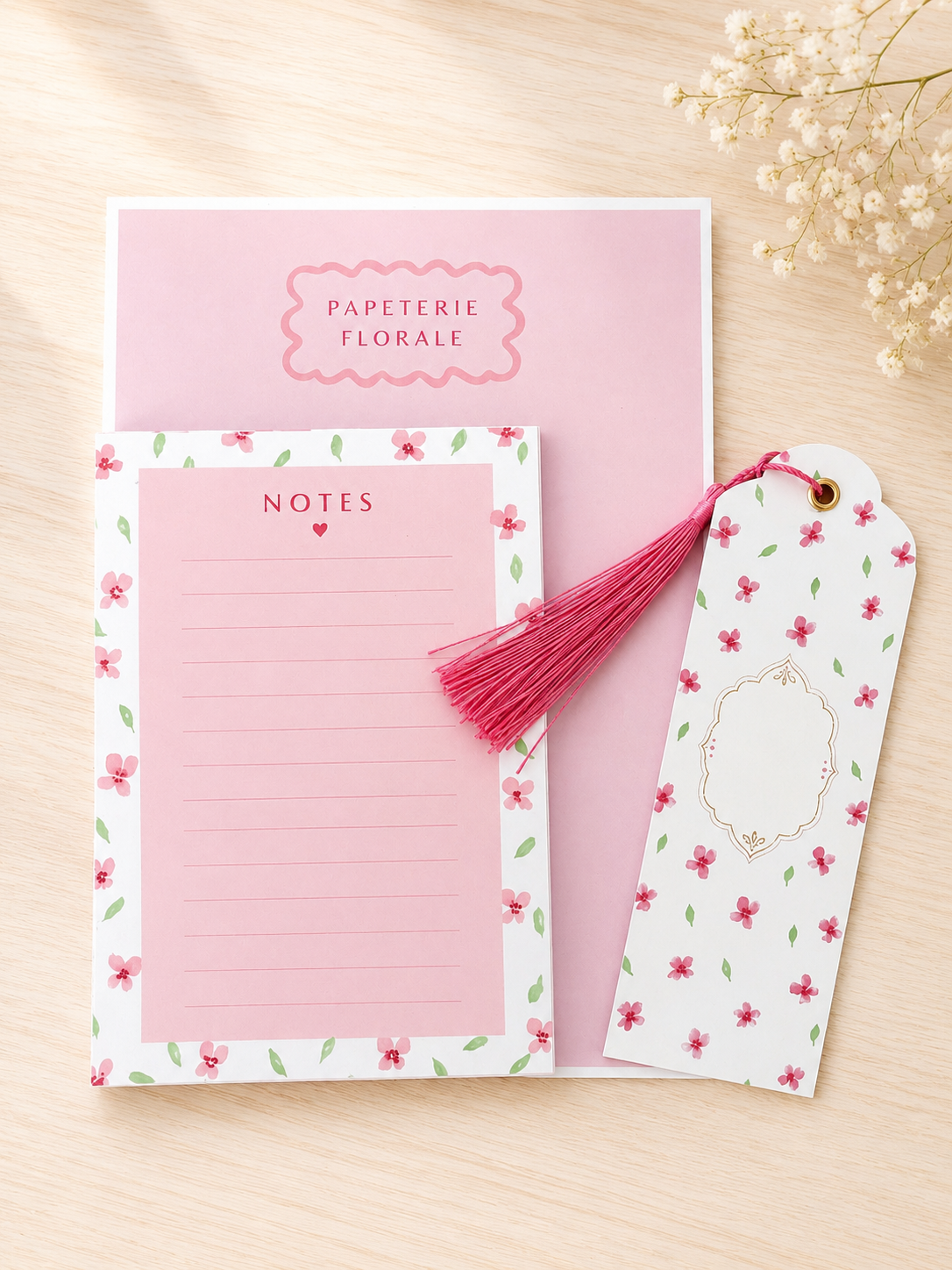 Set de papeterie fleurie fait main | Floral Stationery Set | Bloc-notes & marque-page aquarelle