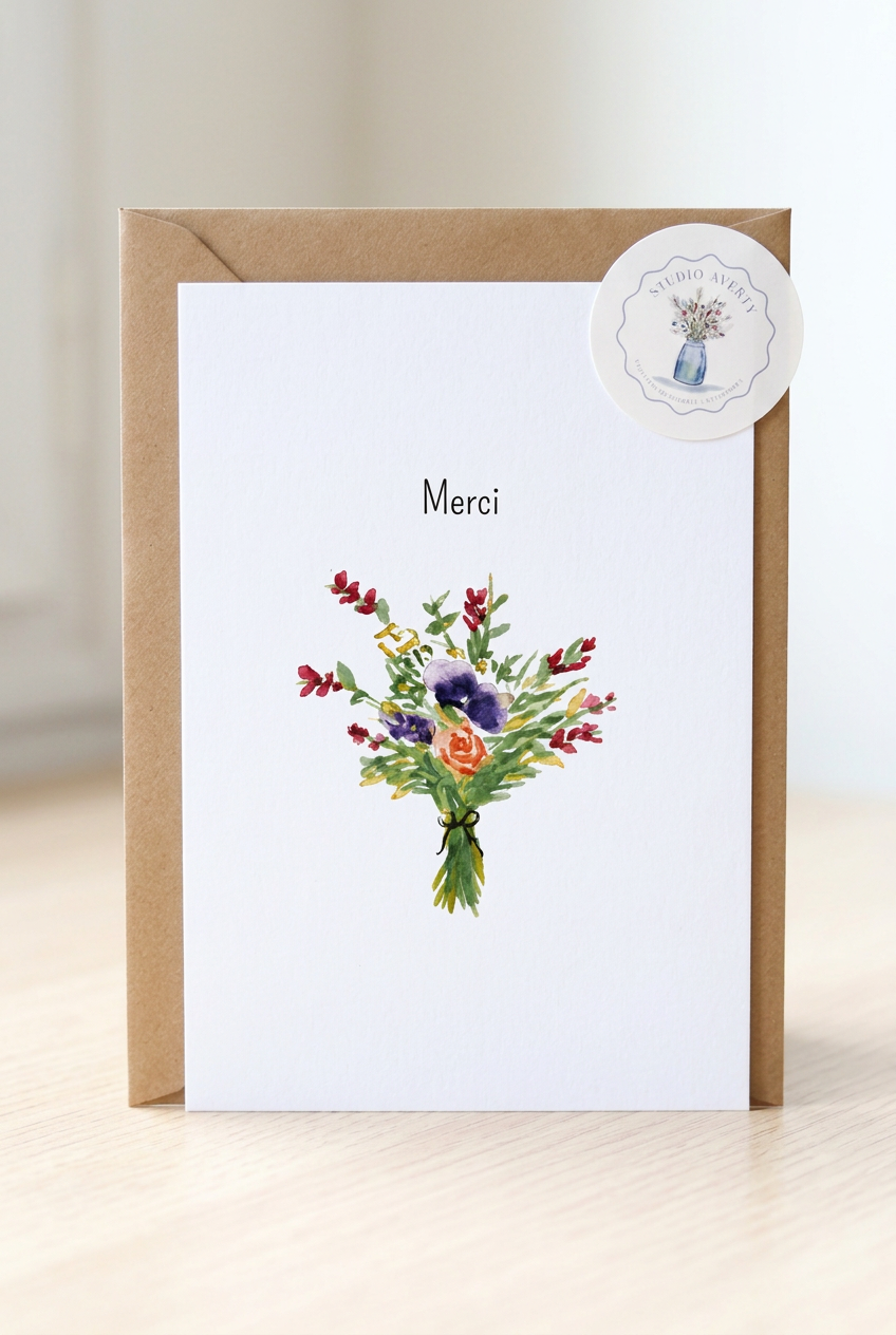 Carte Merci Bouquet de Fleurs à l’Aquarelle avec Enveloppe Kraft | Thank You Floral Watercolor Card | Papeterie Artisanale