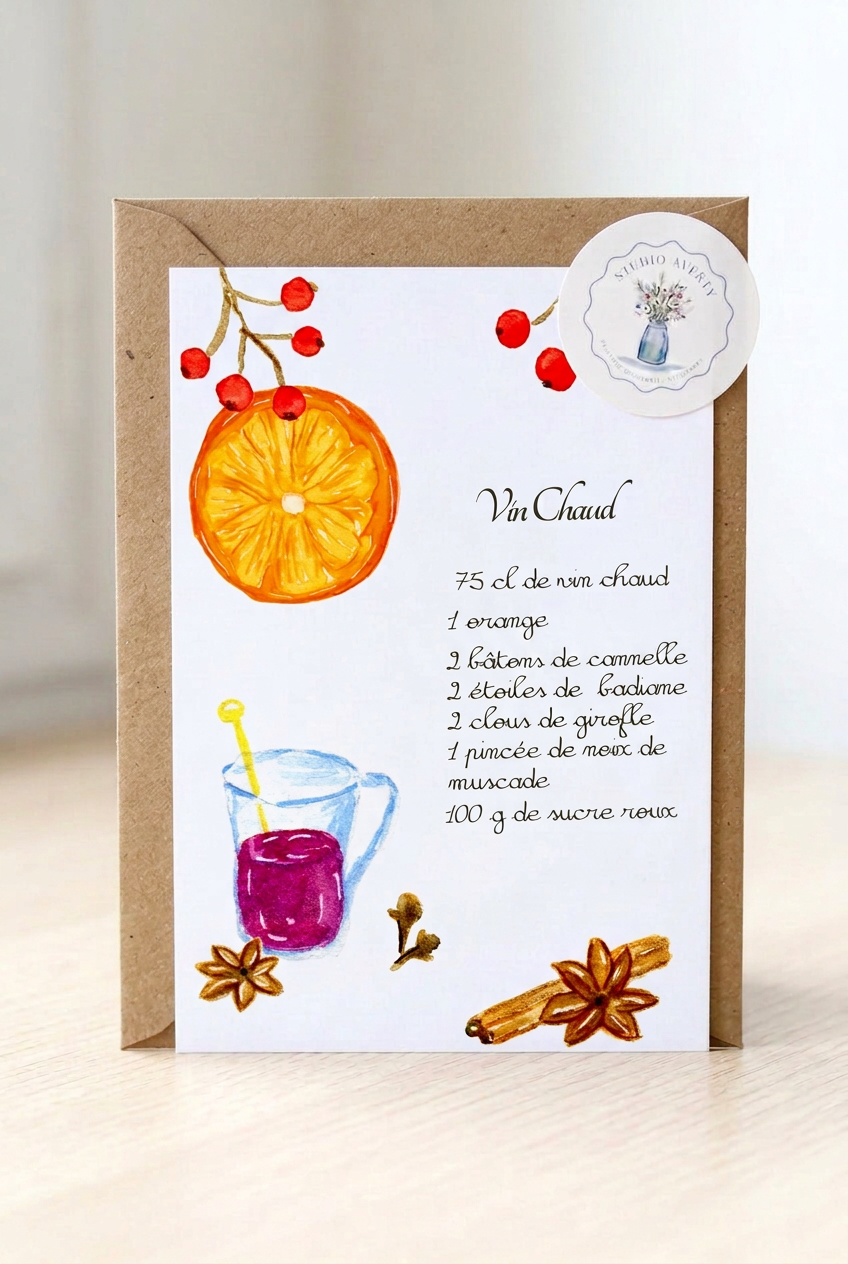 Carte Postale Recette Vin Chaud de Noël à l'Aquarelle avec Enveloppe Kraft | Mulled Wine Recipe Christmas Card | Papeterie Artisanale